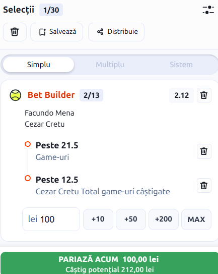 Biletul zilei tenis 29 august 2026 Bet Builder