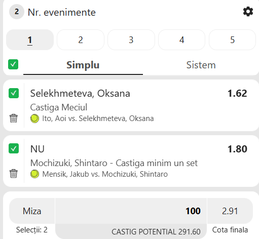 Biletul zilei tenis 31 august 2026