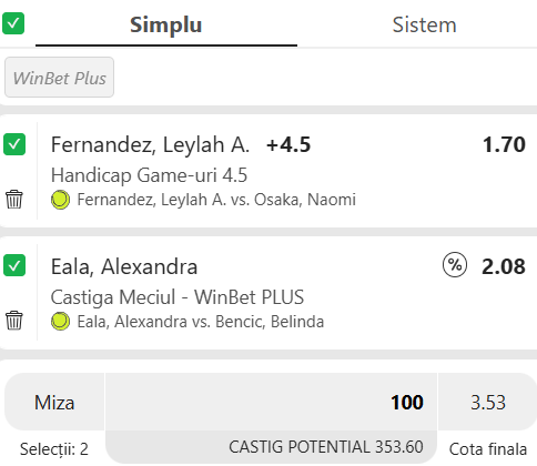 Biletul zilei tenis din 10 august 2026