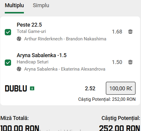 Biletul zilei tenis la Unibet 8 august 2026