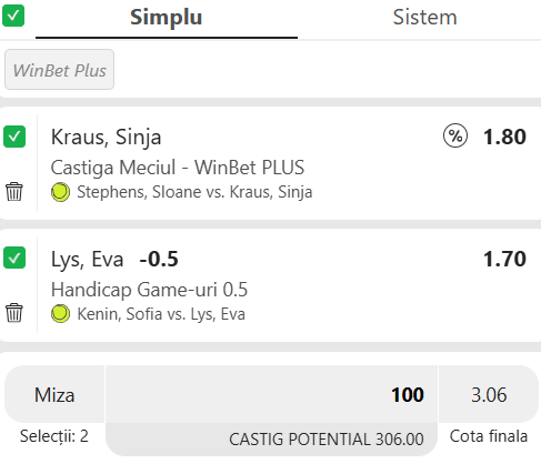 Biletul zilei tenis la Winbet 15 august 2026