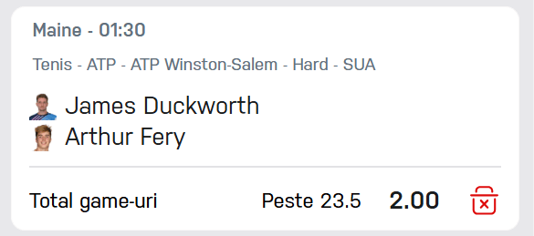 Cota 2 din Tenis 29 august 2026 de la ATP Winston-Salem Open la Winner