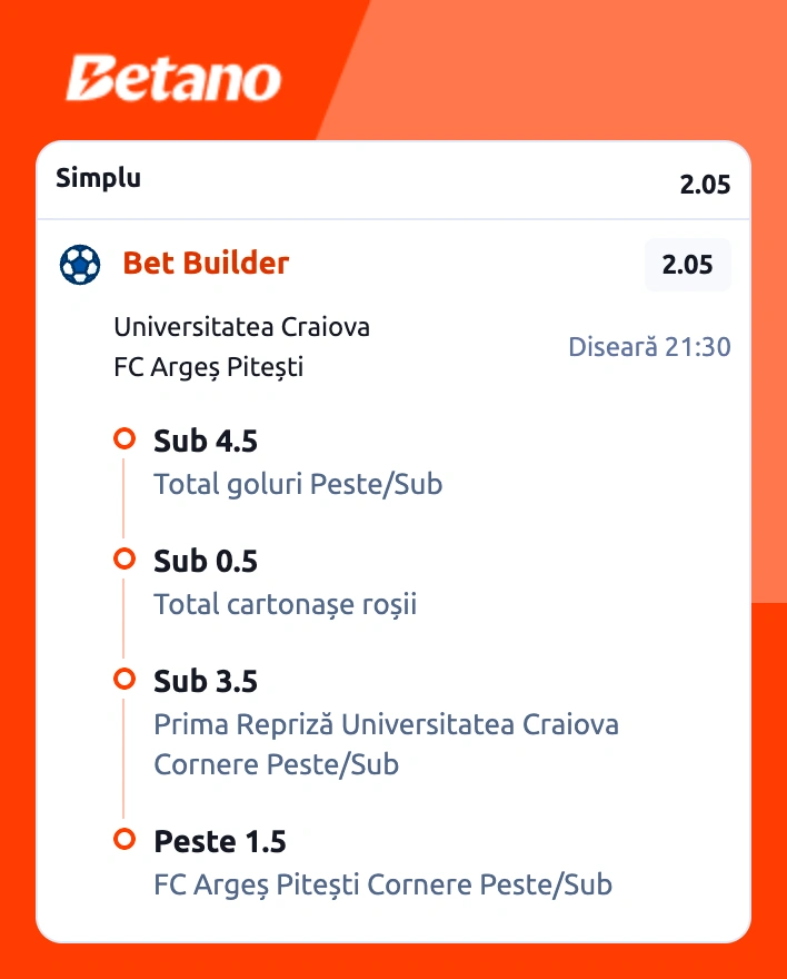 Cota 2 la Betano din fotbal, 9 august 2026. Mizăm pe un betbuilder la un meci din Superligă