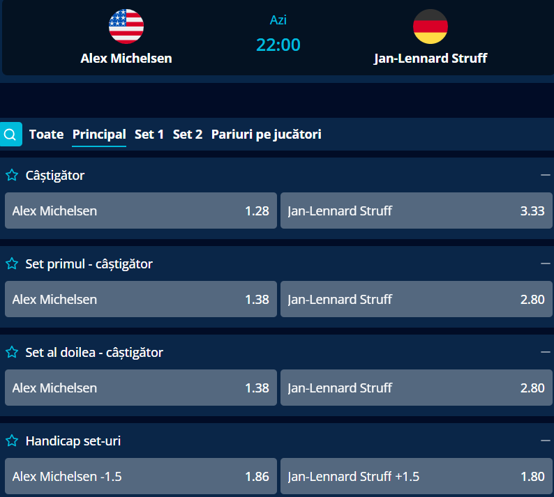 Cote Pariuri Alex Michelsen vs Jan-Lennard Struff