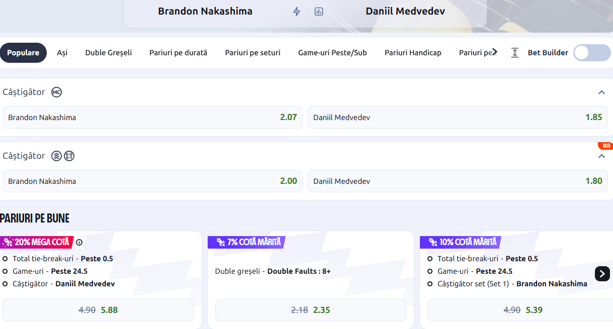 Cote Pariuri Brandon Nakashima vs Daniil Medvedev