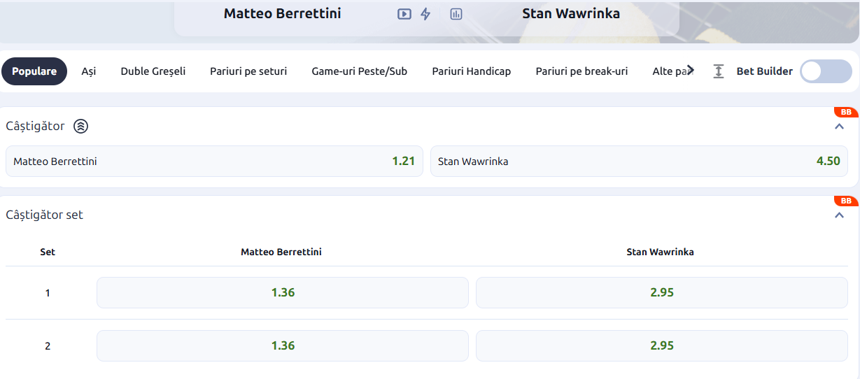 Cote Pariuri Matteo Berrettini vs Stan Wawrinka