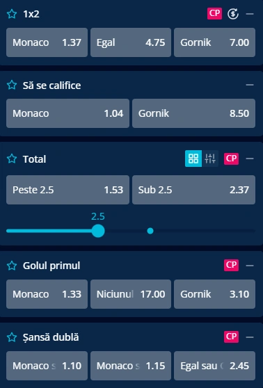 Cote pariuri AS Monaco vs Gornik Zabrze la Mr Bit