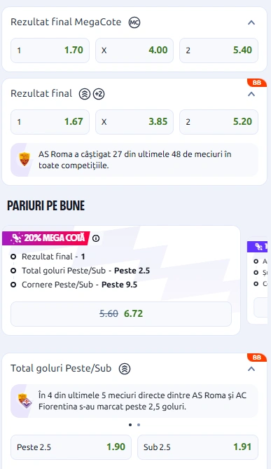 Cote pariuri AS Roma vs Fiorentina la Betano