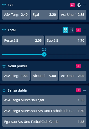 Cote pariuri ASA Targu Mures vs Gloria Bistrita la Mr Bit