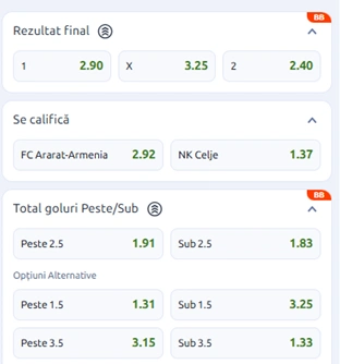 Cote pariuri Ararat-Armenia vs Celje la Betano