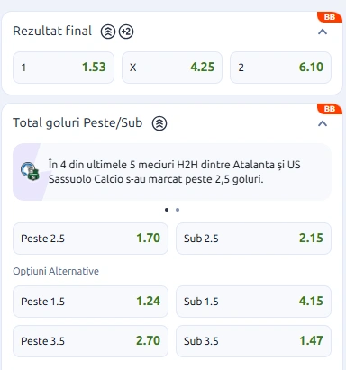 Cote pariuri Atalanta vs Sassuolo la Betano