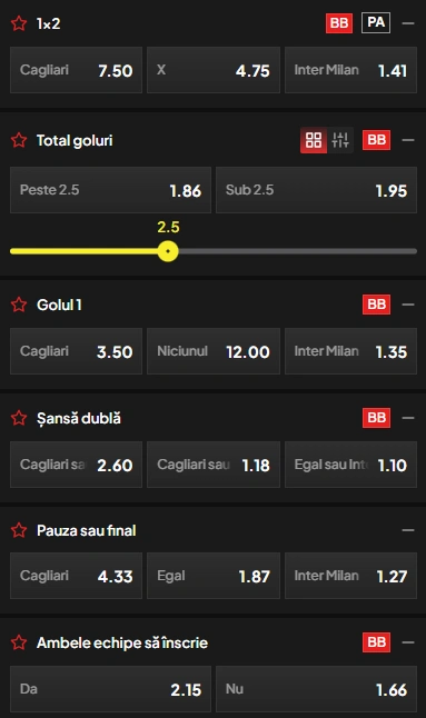 Cote pariuri Cagliari vs Inter Milan la TopBet