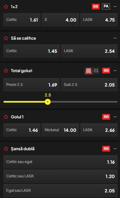 Cote pariuri Celtic vs LASK Linz la TopBet
