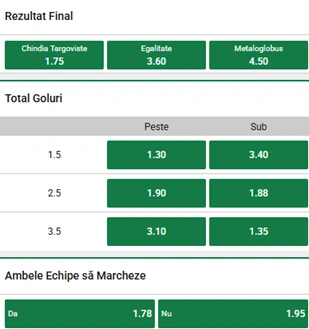 Cote pariuri Chindia Targoviste vs Metaloglobus la Unibet