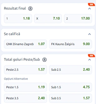 Cote pariuri Dinamo Zagreb vs Kauno Zalgiris la Betano