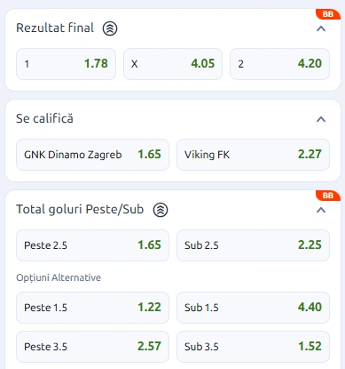Cote pariuri Dinamo Zagreb vs Viking la Betano