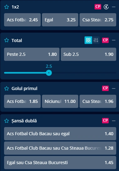Cote pariuri FC Bacau vs Steaua Bucuresti la Mr Bit