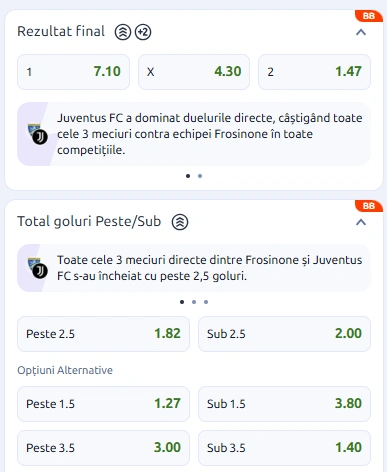 Cote pariuri Frosinone vs Juventus la Betano