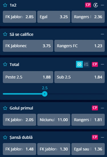 Cote pariuri Jablonec vs Rangers la Mr Bit