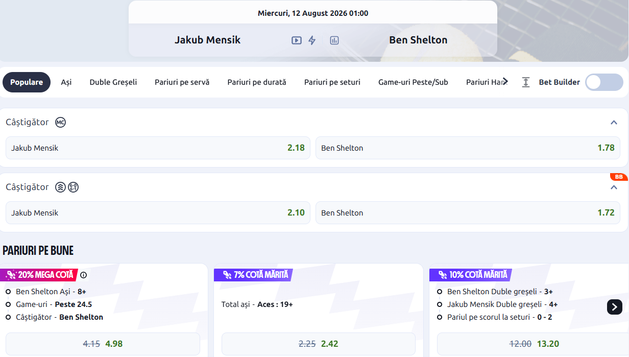 Cote pariuri Jakub Mensik vs Ben Shelton