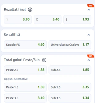 Cote pariuri KuPS vs Universitatea Craiova la Betano