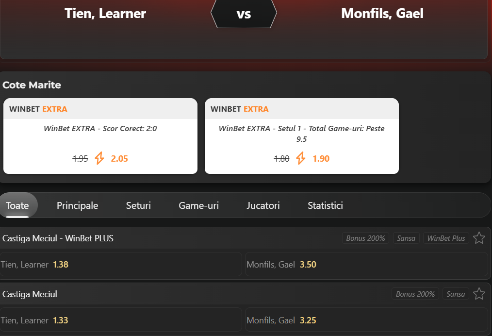Cote pariuri Learner Tien vs Gael Monfils