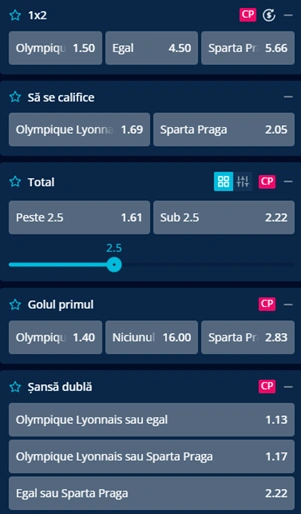 Cote pariuri Lyon vs Sparta Praga la Mr Bit