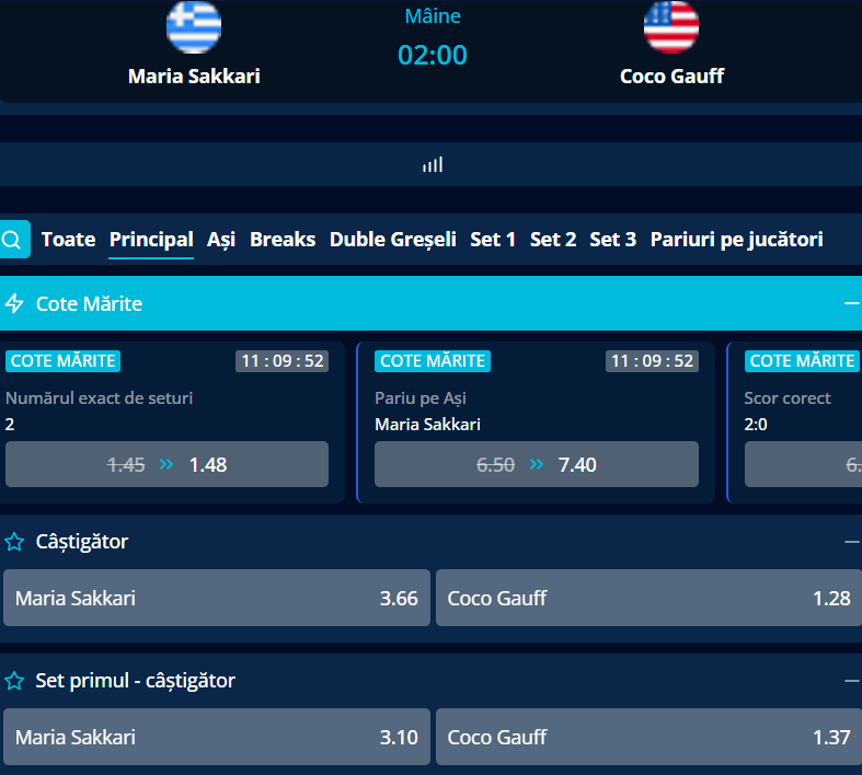 Cote pariuri Maria Sakkari vs Coco Gauff