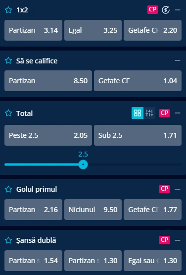 Cote pariuri Partizan Belgrad vs Getafe la Mr Bit