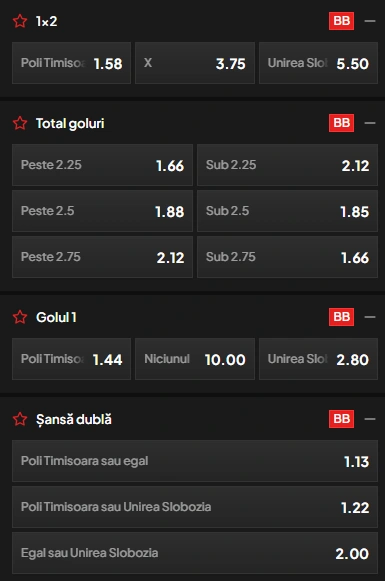 Cote pariuri Poli Timisoara vs Unirea Slobozia la TopBet