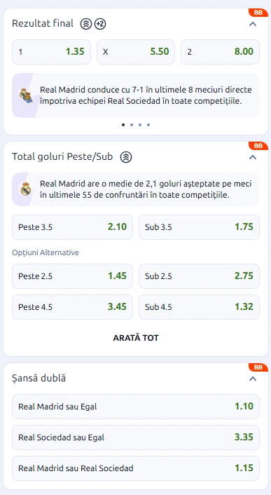Cote pariuri Real Madrid vs Real Sociedad la Betano