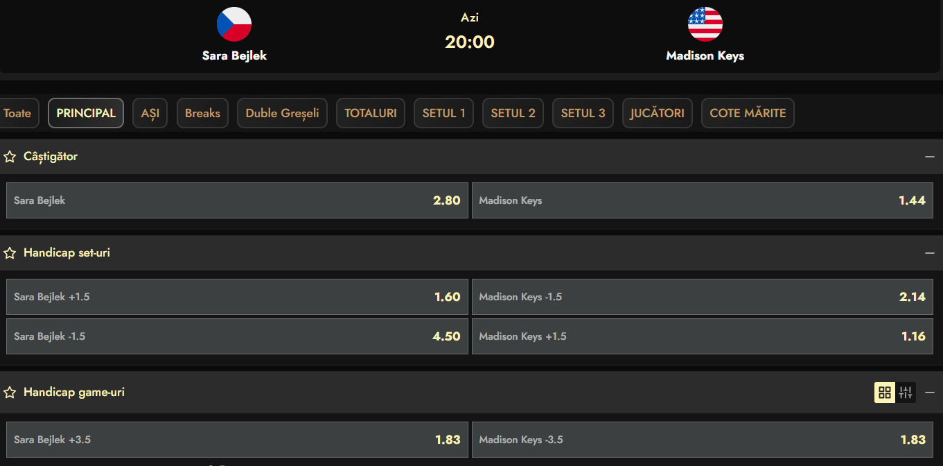 Cote pariuri Sara Bejlek vs Madison Keys