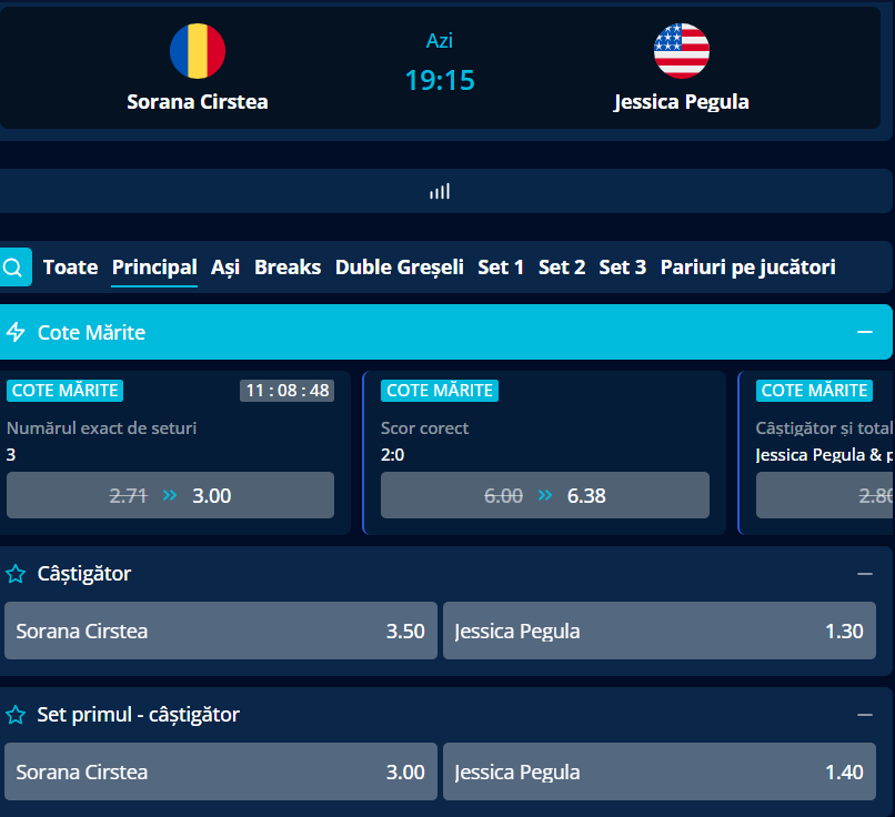 Cote pariuri Sorana Cîrstea vs Jessica Pegula