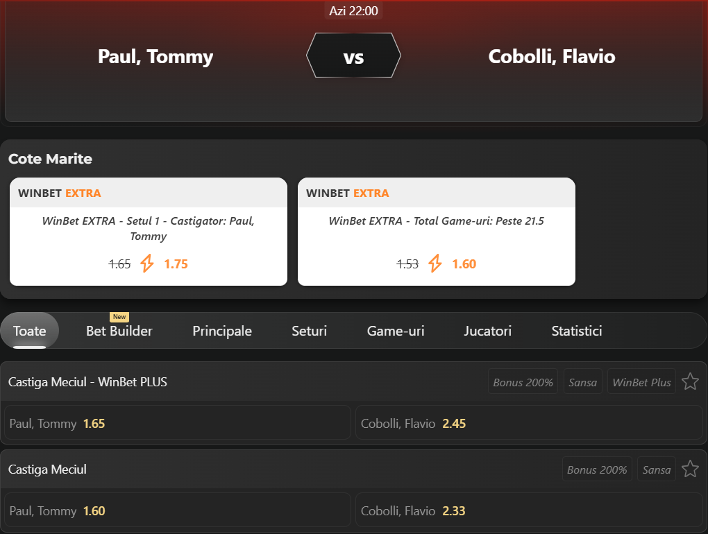 Cote pariuri Tommy Paul vs Flavio Cobolli