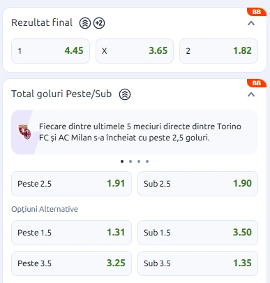 Cote pariuri Torino vs AC Milan la Betano