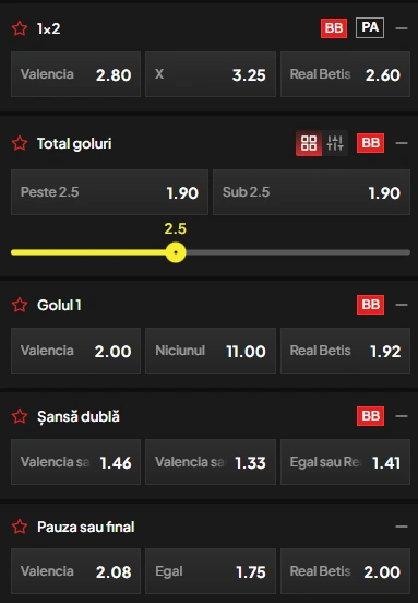 Cote pariuri Valencia vs Real Betis la TopBet