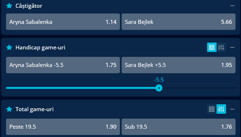 Cote pariuri la Mr Bit  Aryna Sabalenka vs Sara Bejlek, nu încape îndoială că bielorusa are prima șansă la Cincinnati Open 2026, dar cehoaica e periculoasă
