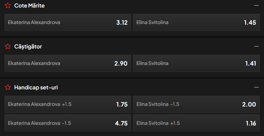 Cote pariuri la TopBet  Ekaterina Alexandrova vs Elina Svitolina, ucraineanca pornește cu prima șansă și va intra pe teren mai odihnită la Toronto Open 2026