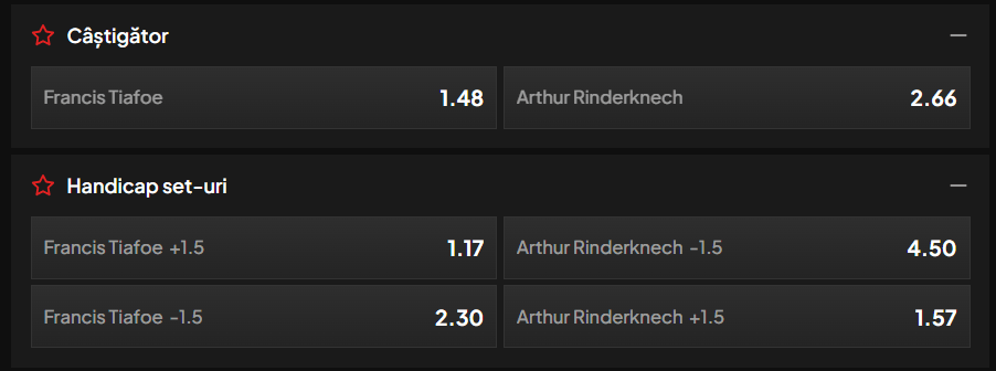 Cote pariuri la TopBet  Frances Tiafoe vs Arthur Rinderknech, ambii combatanți au pornit ediția 2026 de la Montreal Open cu victorii obținute într-un set decisiv