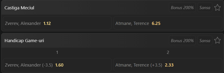 Cote pariuri la WinBet  Alexander Zverev vs Terence Atmane, neamțul e mare favorit pe ”hârtie” la Cincinnati Open, dar francezul va fi un adversar dificil
