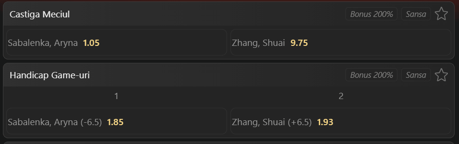 Cote pariuri la WinBet  Aryna Sabalenka vs Shuai Zhang, bielorusa are prima șansă la Toronto Open 2026, dar credem că nu va avea meci ușor cu chinezoaica