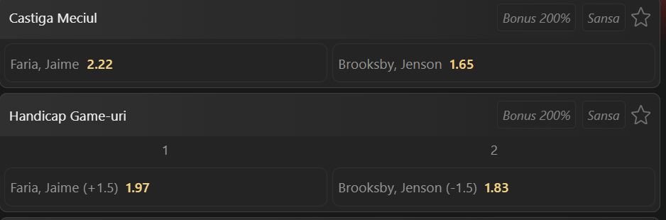 Cote pariuri la WinBet  Jaime Faria vs Jenson Brooksby, americanul are avantajul moral de partea sa și e ușor favorit la Cincinnati Open 2026