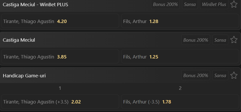Cote pariuri la WinBet  Thiago Agustin Tirante vs Arthur Fils, francezul are prima șansă la Cincinnati Open 2026, dar argentinianul a produs câteva surprize