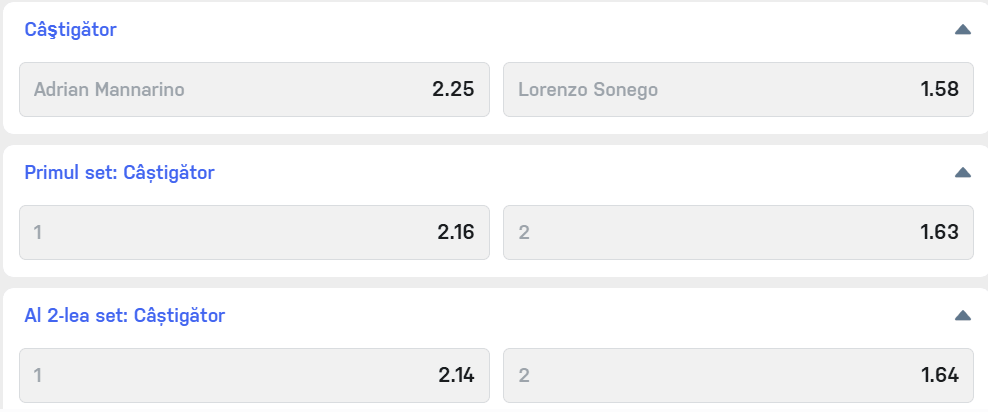 Cote pariuri la Winner  Adrian Mannarino vs Lorenzo Sonego, partidă deschisă oricărui rezultat în turul doi al turneului ATP de la Winston-Salem Open 2026