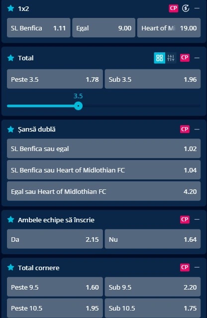 Cote pariuri Benfica vs Hearts