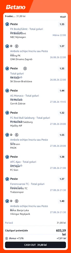 Bilet săptămânal din fotbal 25 august 2026