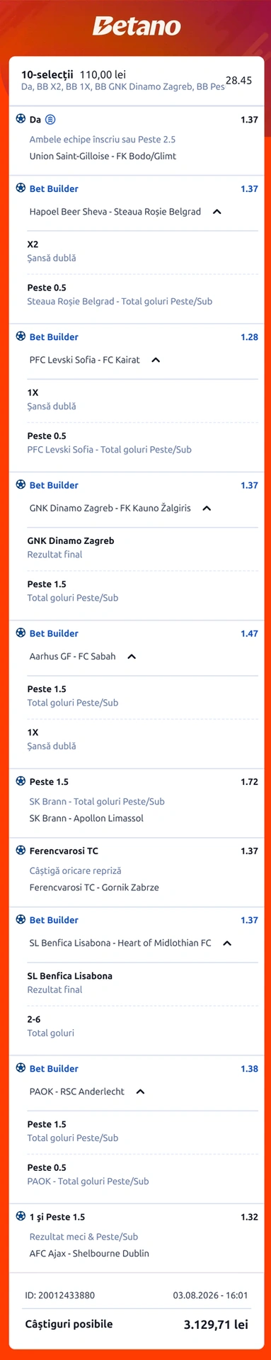 Bilet săptămânal din fotbal 4 august 2026