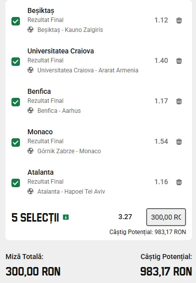 Biletul Zilei cu IA plasat la Unibet 20.08.2026