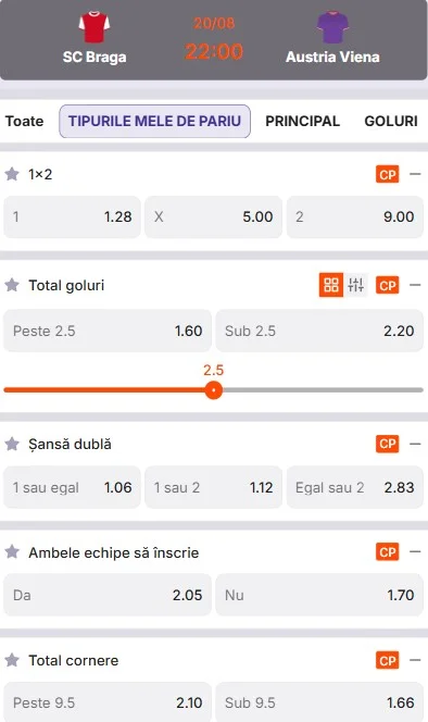 Cote pariuri Braga vs Austria Viena