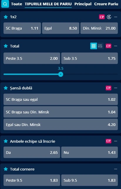 Cote pariuri Braga vs Dinamo Minsk